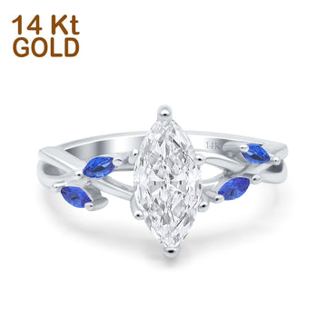 14K White Gold Infinity Twist Simulated Blue Sapphire Marquise Art Deco Engagement Wedding Bridal Ring Round Simulated CZ Size-7